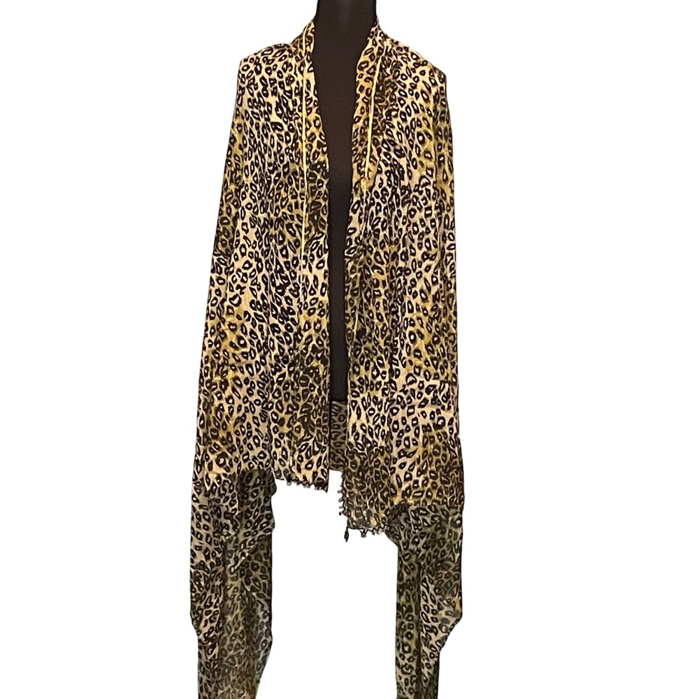 Leopard Print Beaded Fringe Wrap Scarf Tan Olive Animal Print Shawl Mob Wife